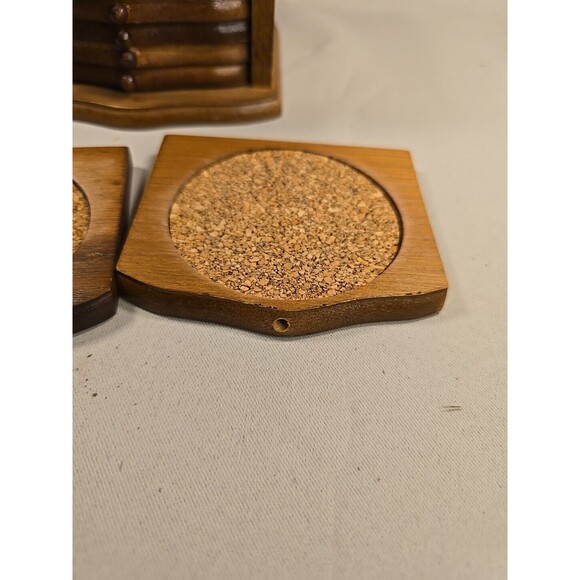 Vintage Cork Coaster Set with Wood Caddy Carrier Holder Brass Trim 082425 - Picture 6 of 10